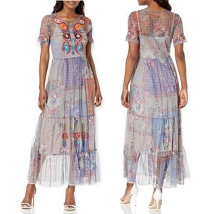 Johnny Was BIYA Kandence Tiered Mesh Dress Floral Embroidery Size M